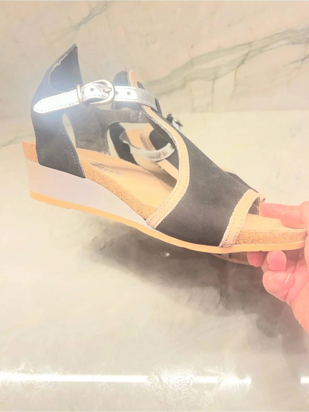 Naot Black Sandals with Beige Trim and Metallic Buckle